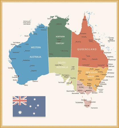 Vintage Color Political map of Australia. All elements are separated in editable layers clearly labeled.のイラスト素材