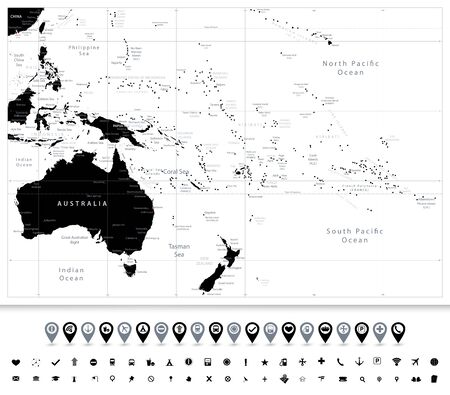 Australia and Oceania detailed black color map and map pointers. All elements are separated in editable layers clearly labeled.のイラスト素材