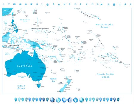 Australia and Oceania detailed political map in colors of blue and navigation icons. All elements are separated in editable layers clearly labeled.のイラスト素材