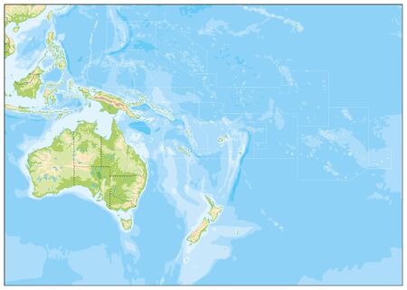 Blank Relief Map of Oceania. All elements are separated in editabe layers clearly labeled.のイラスト素材