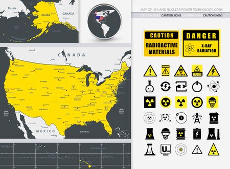 Highly detailed map of USA with Nuclear Power technology icons and radioactive contamination signs.のイラスト素材