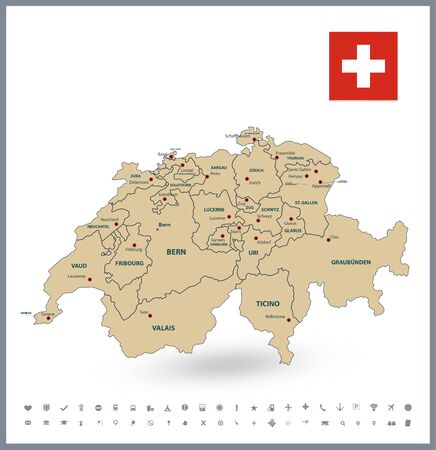 Switzerland map and glyph icons. All elements are separated in editable layers clearly labeled.のイラスト素材