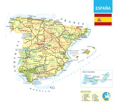 Detailed physical map of Spain with roads,railroads and cities.
