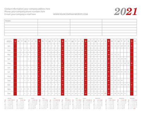 2021 easy to write year planner. Landscape layout. Empty space for notes. Vector office template.のイラスト素材