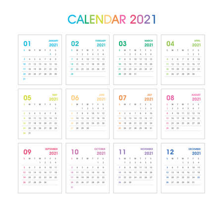 2021 Flat Calendar Colorful Design. Isolated on white. Calendar design template. Week starts on Sunday. Business vector illustration.のイラスト素材
