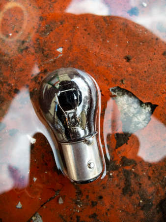 Old light bulb on a water surface with pieces of old peeled red paint under the water. Nature...