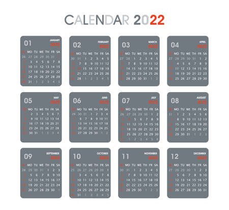2022 Red and Gray Calendar Design. Weeks Starts On Sunday. Isolated on white. Calendar design template.のイラスト素材
