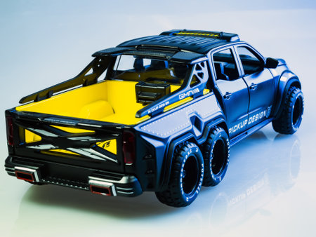 Odessa, Ukraine - May 10, 2021 - Collectible car toy Mercedes-Benz X Pick Up Truck on a glossy...