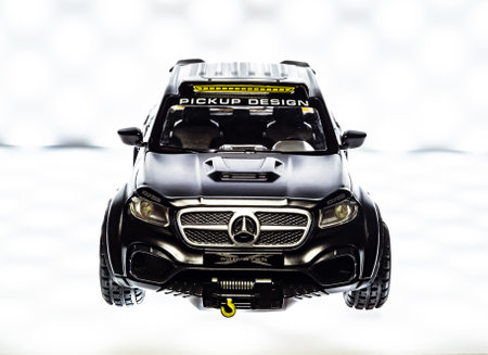 Odessa, Ukraine - May 10, 2021 - Collectible car toy Mercedes-Benz X Pick Up Truck on a white...