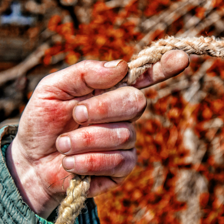 Closeup of mans hand working gardener keeps the rope. Male hand is calloused and bruised. Tinted.の写真素材