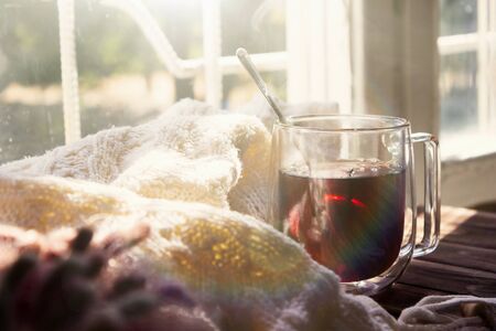 Cup of hot tea, a knitted blanket against the morning sun. Tea time. Free time , pleasant warm...