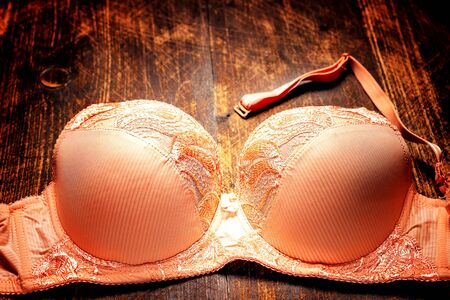 Top view of fashionable women's brassiere beige color on the wood background with copy space. Female wardrobe, shopping concept. Underwear. blank for the designer.の写真素材