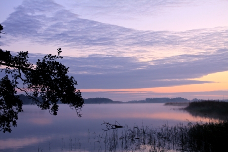 a lake on a foggy autumn morningの写真素材