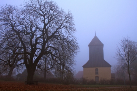 church in the fogの写真素材