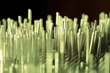 a group of metal rods meets colored lightの写真素材