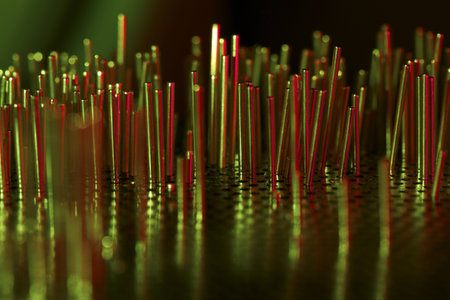 a group of metal rods meets colored lightの写真素材
