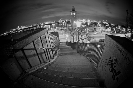 the harbor of a big city in the north of Germany in the nightの写真素材