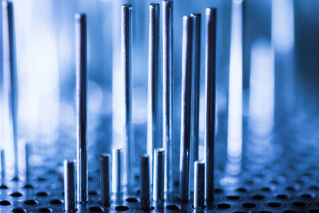 a group of metal rods meets colored lightの写真素材