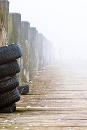 a lake bank on a foggy october morningの写真素材