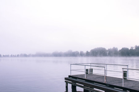 a lake bank on a foggy october morningの写真素材