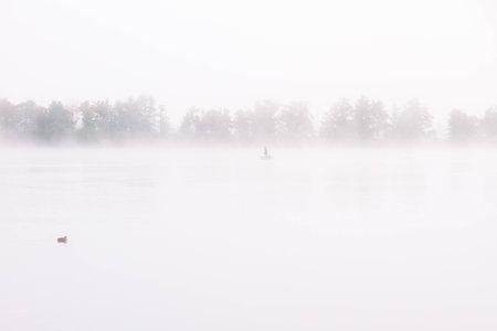 a lake bank on a foggy october morningの写真素材