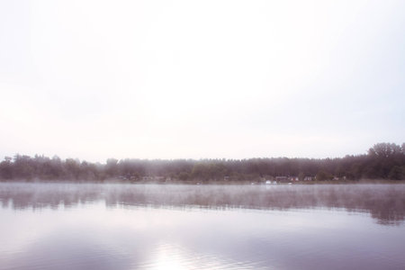 a lake bank on a foggy october morningの写真素材