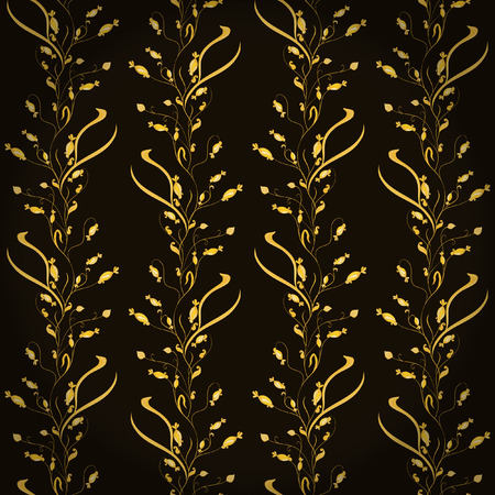 Curly yellow flowers. Vector seamless pattern. Dark backgroundのイラスト素材