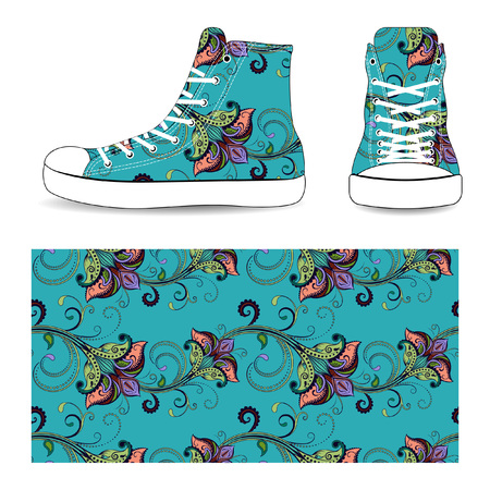 Sneakers with seamless flower pattern, vector illustration isolated on white background.のイラスト素材