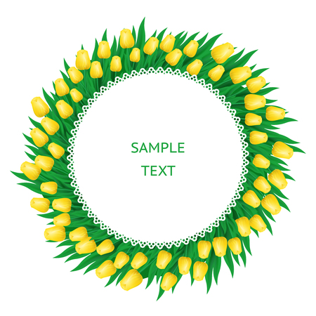 Circular frame of yellow tulips isolated on white background.のイラスト素材