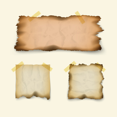 Note paper. Crumpled, burnt, old texture, scraps of square and rectangular shapes, isolated on white backgroundのイラスト素材