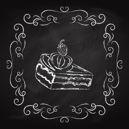 Tasty piece of cake, icon drawn in chalk on a blackboardのイラスト素材