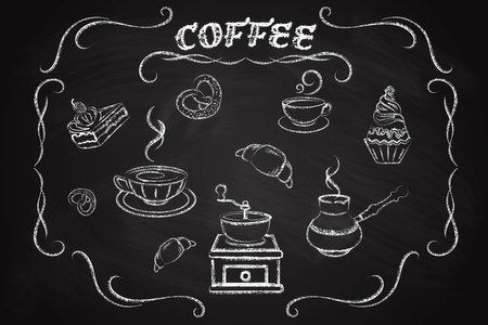 Coffee icon set, drawn in chalk on a blackboardのイラスト素材