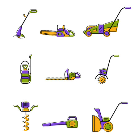 Badges of gardening power tools for flyer or leaflet. Technique for garden and lawn careのイラスト素材