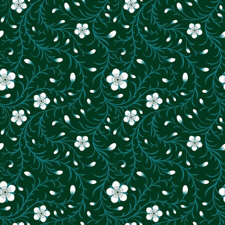 Seamless white flower pattern on green backgroundのイラスト素材