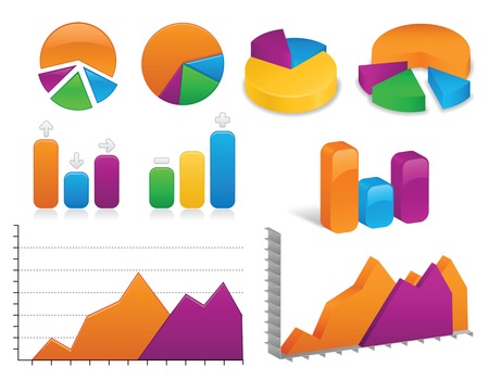 Arrangement of vibrantly colored charts and graphs, both in 2D and 3D styles; vector files contains unexpanded blends.のイラスト素材