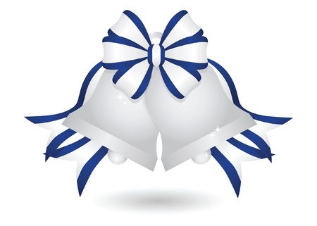 Sparkling silver Christmas bells with a blue bow and streaming ribbonsのイラスト素材
