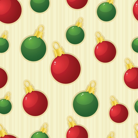 Shiny red and green Christmas ornaments arranged on a seamless striped tile; both radial and linear gradients used. Vector file also contains clipping masks.のイラスト素材