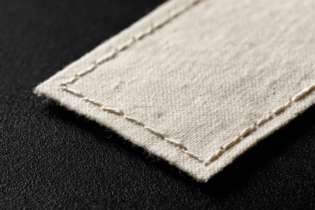 Close-up of a pristine off-white fabric tag with stitched edges against a chic black backdrop for fashion branding and apparel labelsの素材