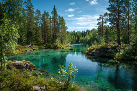 Tranquil summer scenery showcasing a turquoise lake embraced by vibrant greenery in finland's idyllic nature reserveの素材