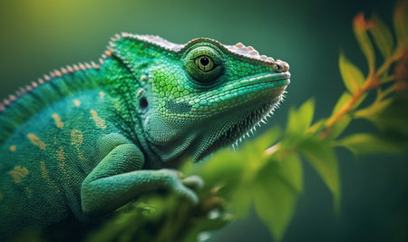 Green colored chameleon close up. Generative AI.の素材