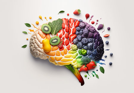 Human brain made of fruits and vegetables isolated on white background. Concept of nutritious foods for brain health and memory. Generative AIの素材
