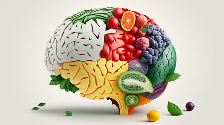 Human brain made of fruits and vegetables isolated on white background. Concept of nutritious foods for brain health and memory. Generative AIの素材
