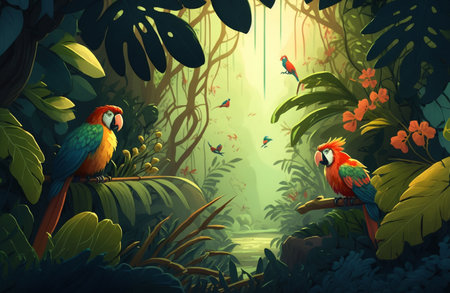 Illustration of a tropical rainforest with parrots. Generative AI.の素材