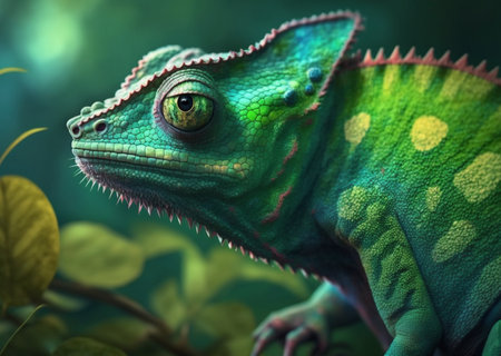 Green colored chameleon close up. Generative AI.の素材