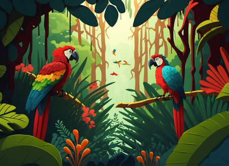 Illustration of a tropical rainforest with parrots. Generative AI.の素材