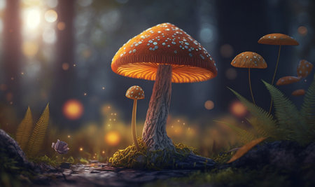 Magic mushroom in the forest glowing in the night, generative ai.の素材