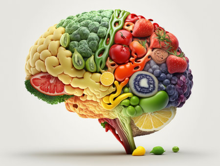 Human brain made of fruits and vegetables isolated on white background. Concept of nutritious foods for brain health and memory. Generative AIの素材