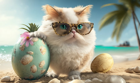 cute cat wearing glasses on the beach and holding a young coconut. summer photo concept. generative aiの素材
