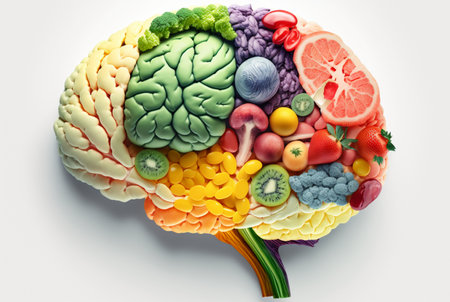 Human brain made of fruits and vegetables isolated on white background. Concept of nutritious foods for brain health and memory. Generative AIの素材