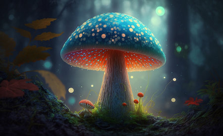 Magic mushroom in the forest glowing in the night, generative ai.の素材